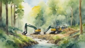 Watercolor of excavators working in a forested area.