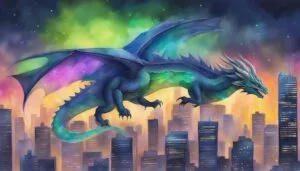 Vibrant dragon soaring over a colorful cityscape at dusk.