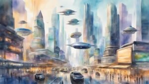 Futuristic cityscape with flying vehicles and bustling streets