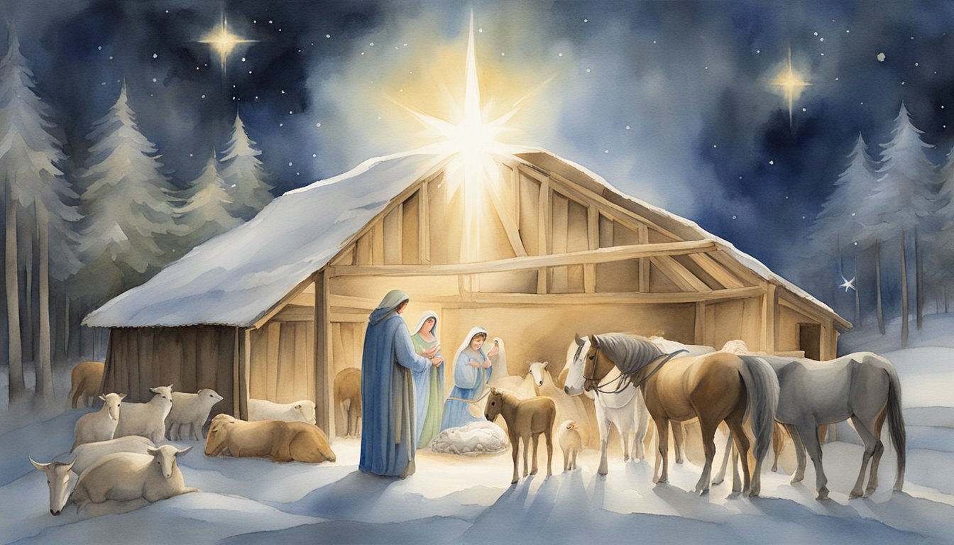 Nativity scene painting with star, animals, and snow.