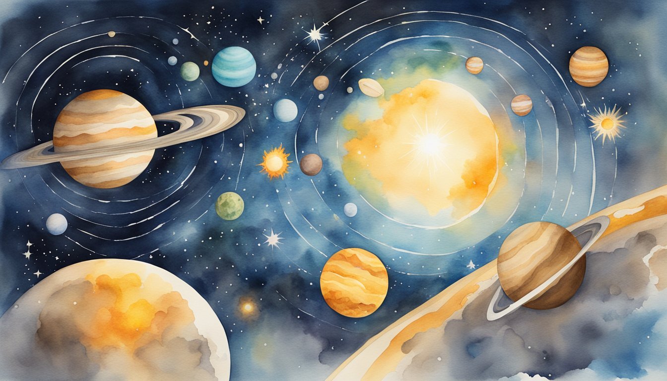 Colorful watercolor illustration of solar system planets and sun.