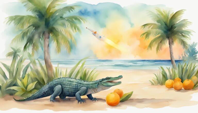 Alligator on beach with oranges and launching rocket.