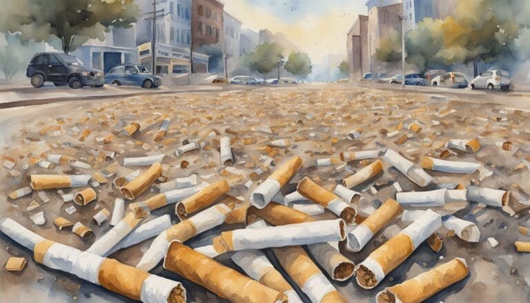 Watercolor painting of a street covered with cigarette butts.