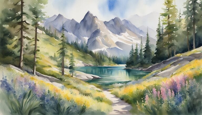 Watercolor painting of serene mountain lake landscape.