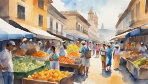 Watercolor painting of bustling outdoor fruit market.