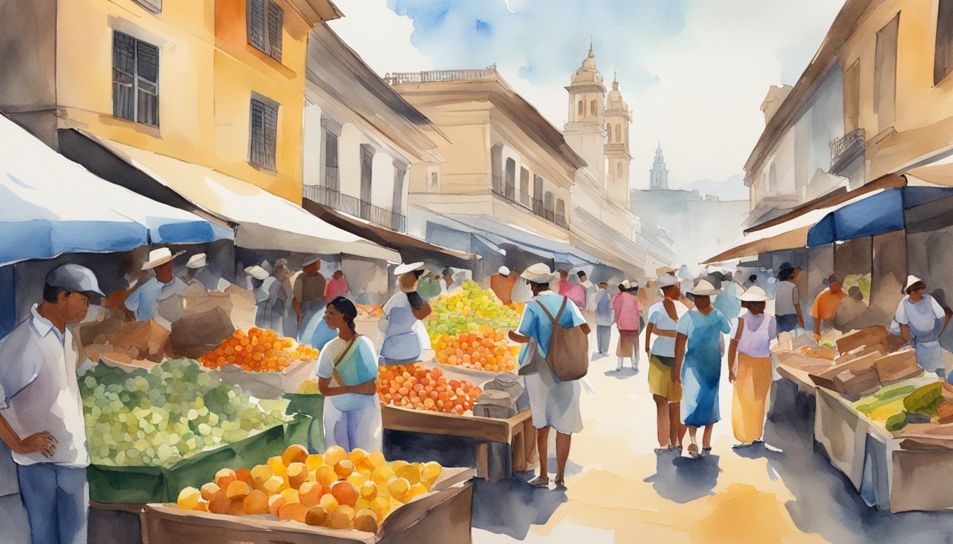 Watercolor painting of bustling outdoor fruit market.