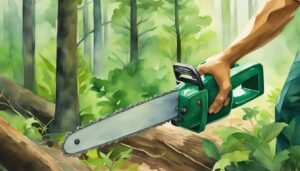 Hand using chainsaw on tree in lush forest.