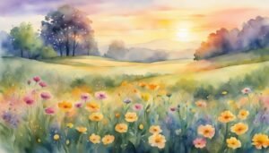 Watercolor sunset over a vibrant floral meadow.