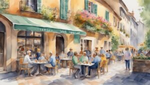 Watercolor of bustling European street cafe scene.