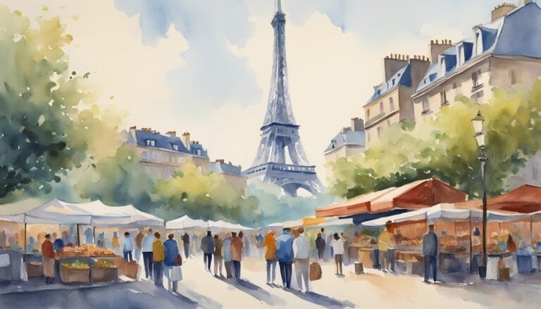 Watercolor of Paris market with Eiffel Tower in background.