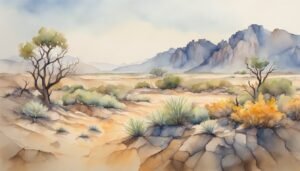 Watercolor painting of a desert landscape with mountains.