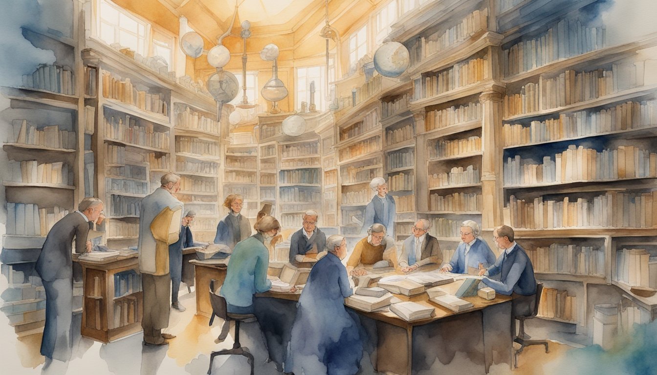 Watercolor painting of scholars studying in a library.