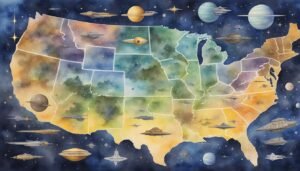 Watercolor US map with planets and spaceships overlay.