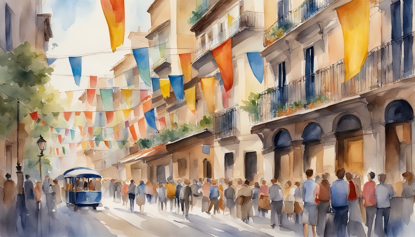 Colorful street festival with crowd and tram, watercolor painting.