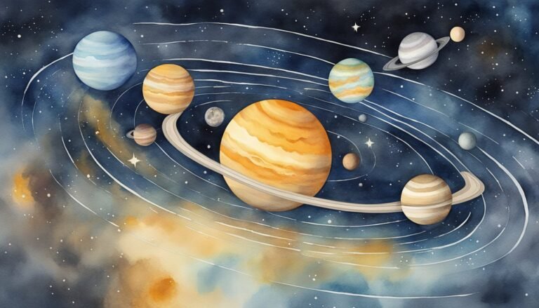 Watercolor illustration of solar system planets and orbits.