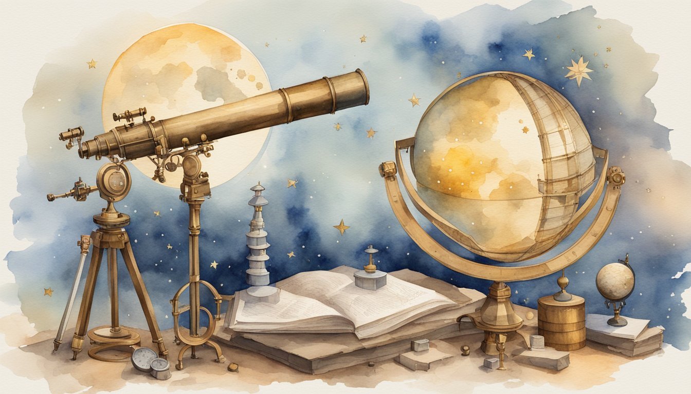 Vintage astronomical equipment and celestial navigation tools illustration.