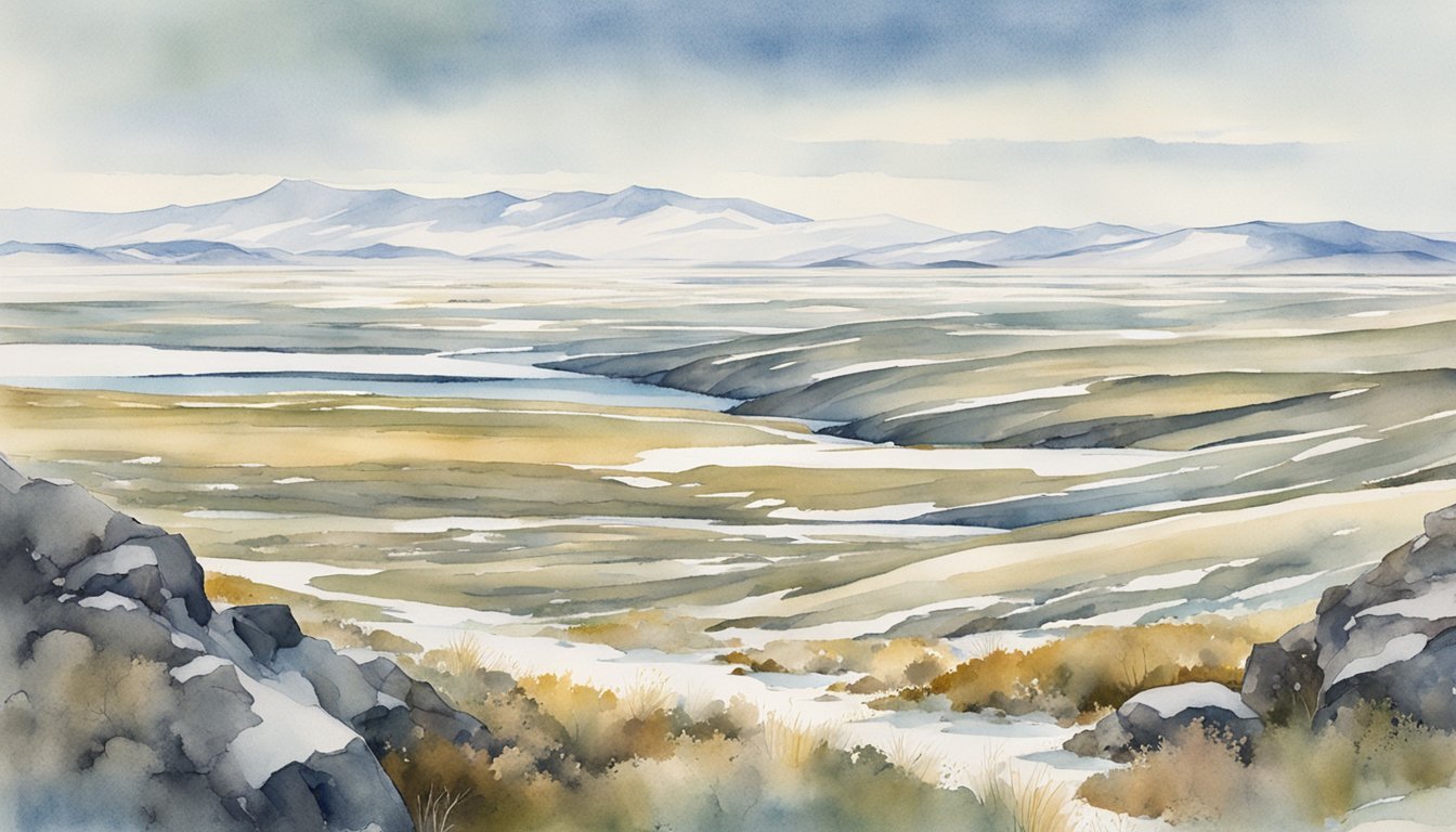 Watercolor painting of serene snowy landscape with distant mountains.