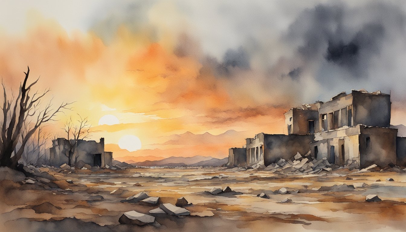 Watercolor of desolate ruins at sunset.