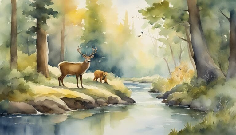 Watercolor painting of deer and bear in forest by river.