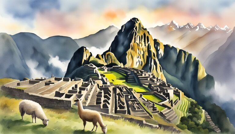 Watercolor painting of Machu Picchu with grazing llamas.