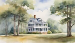 Watercolor painting of a serene forest-surrounded country house.