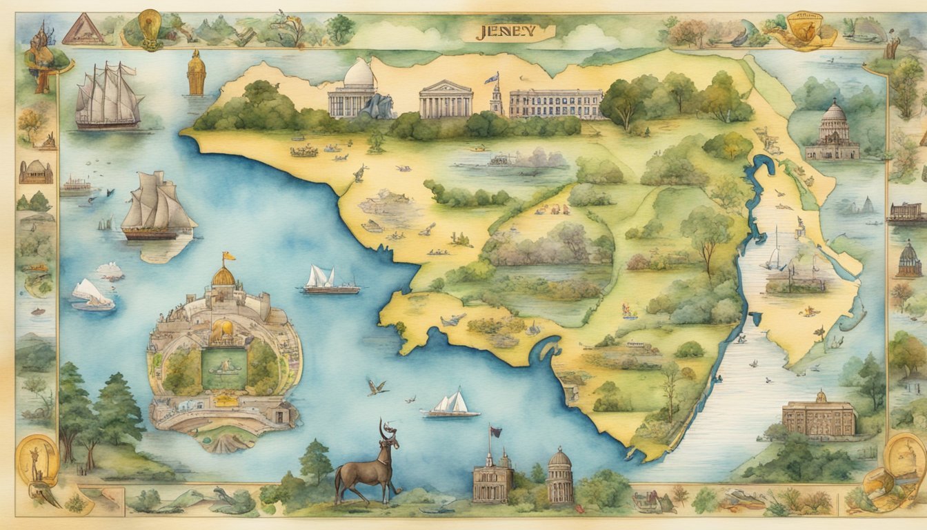 Illustrated fantasy map with historical buildings and sailing ships.