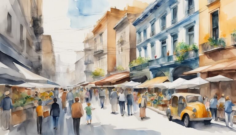 Watercolor street scene with bustling market and colorful buildings.