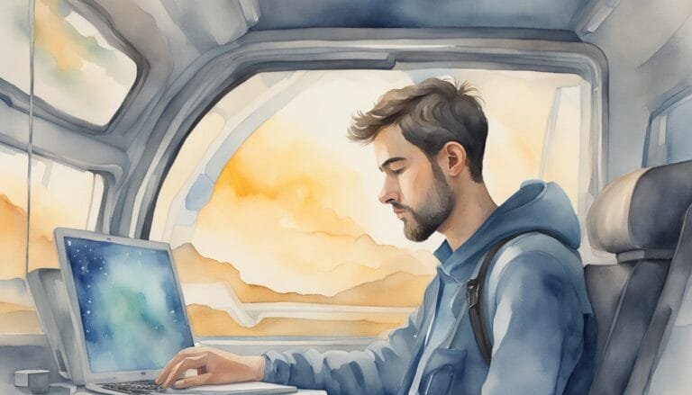 Man working on laptop in train during sunset.