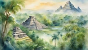 Watercolor painting of ancient Mesoamerican pyramids in lush forest.