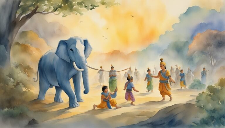 Illustration of traditional elephant procession in Asian sunset.