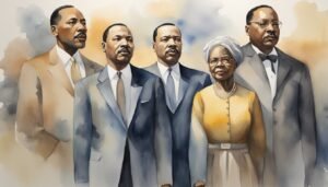 Watercolor painting of civil rights leaders in formal attire.