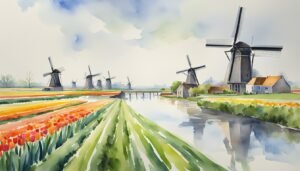 Watercolor of Dutch windmills and tulip fields by river.