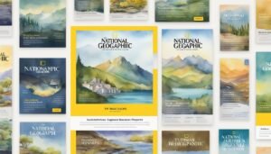 National Geographic magazine covers with scenic watercolor landscapes.