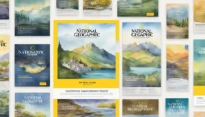 National Geographic magazine covers with scenic watercolor landscapes.