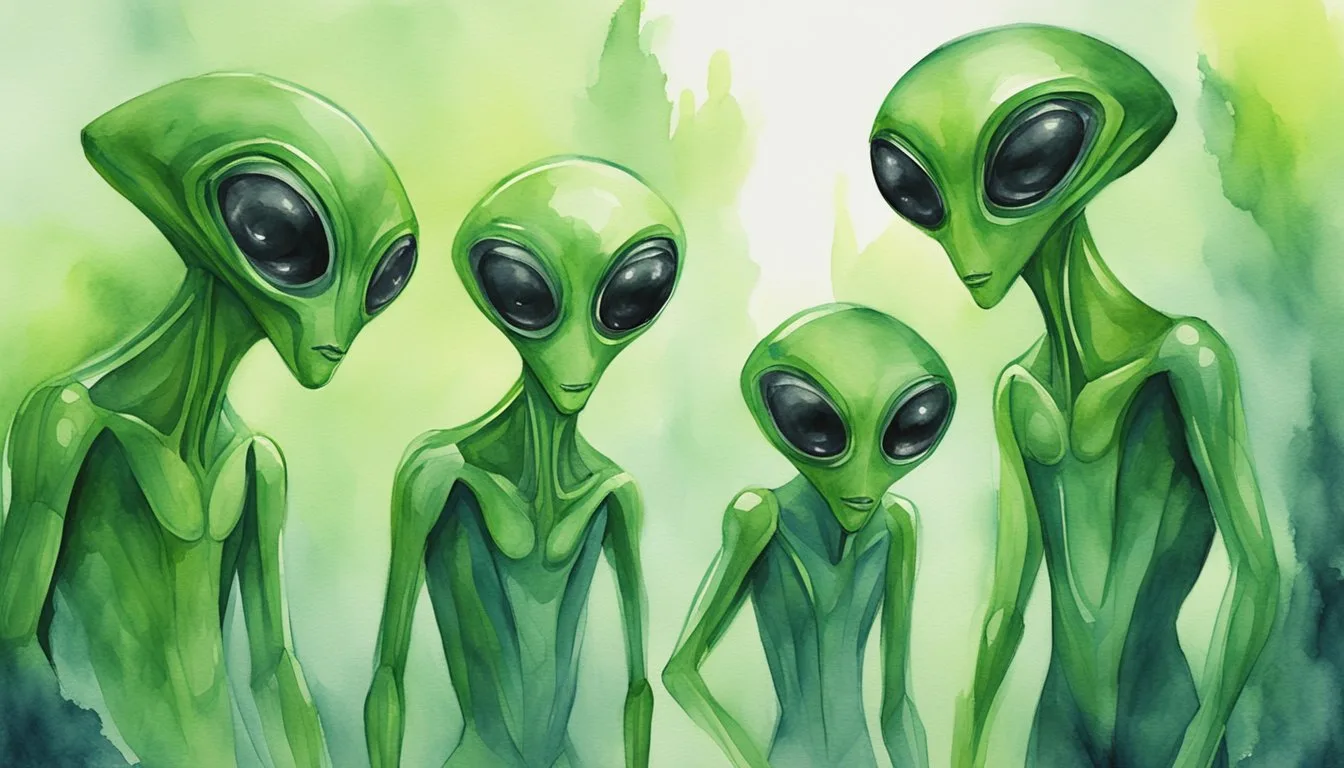 Group of green aliens, watercolor illustration.