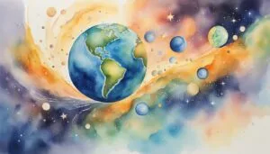 Colorful watercolor painting of Earth and outer space.