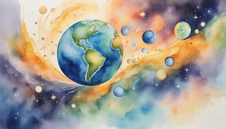Colorful watercolor painting of Earth and outer space.
