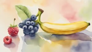 Watercolor painting of banana, blueberries, and raspberries.