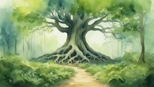 Majestic tree with exposed roots in misty forest watercolor.