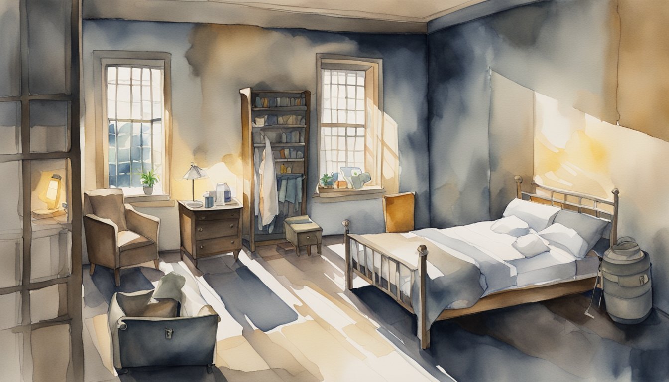 Cozy, sunlit vintage bedroom watercolor illustration.