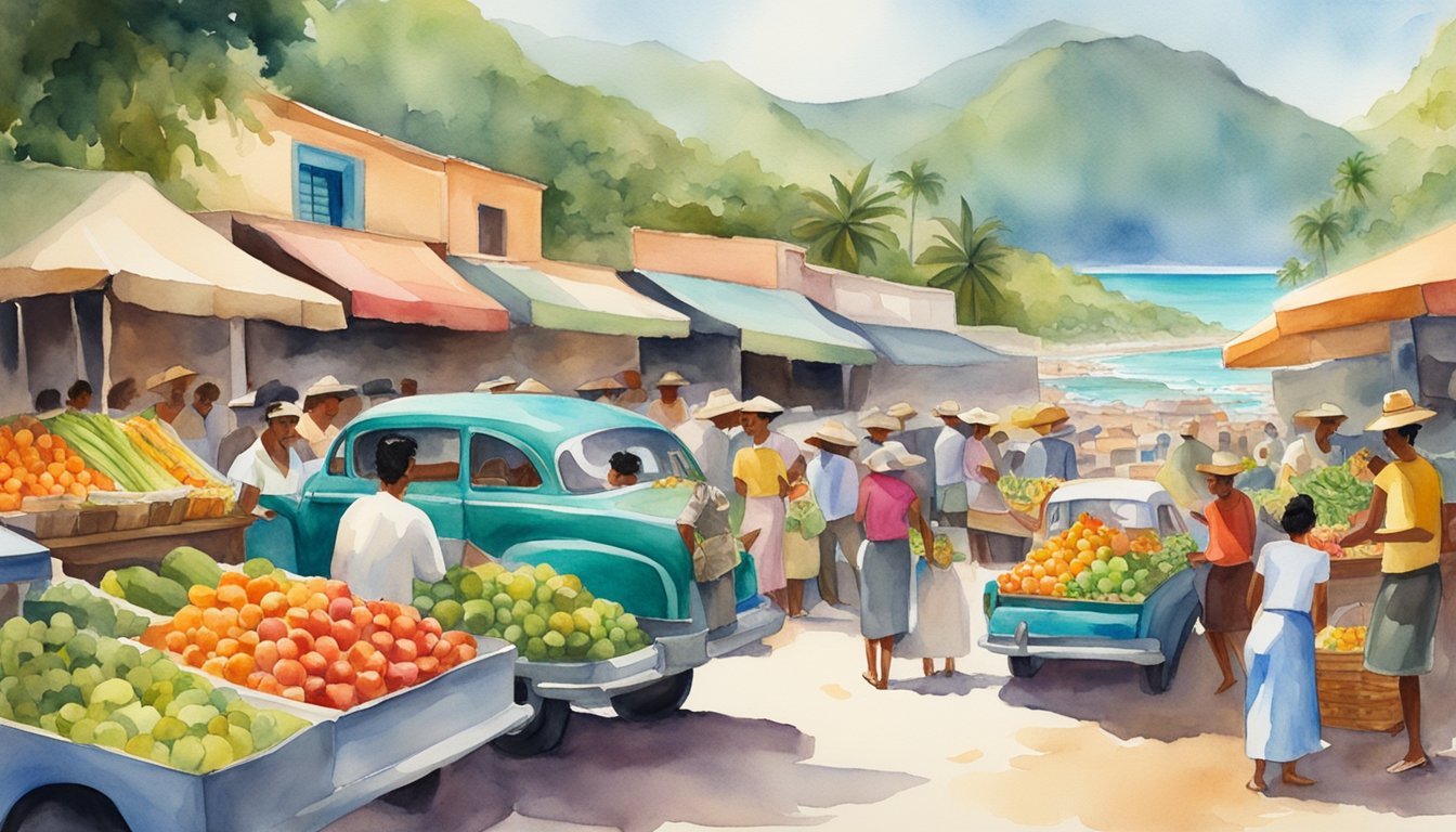 Colorful tropical market scene with vintage cars and fruit stands.