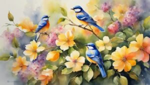 Bluebirds perched on flowering branches in watercolor painting.