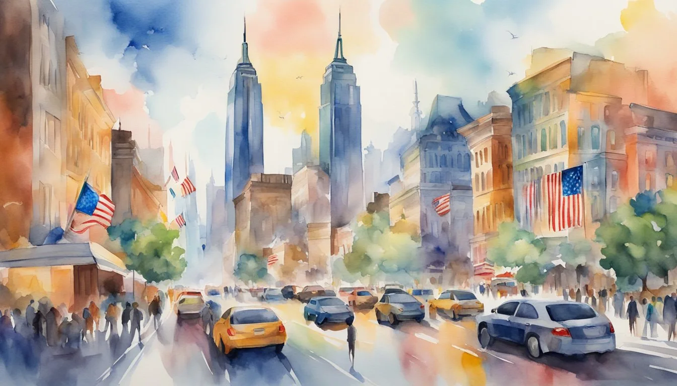 Watercolor of bustling city street with American flags.