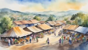 Watercolor illustration of bustling outdoor market in hilly landscape.