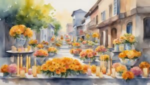 Watercolor painting of flower-lined street with candles.