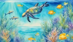 Watercolor illustration of sea turtle swimming in coral reef.