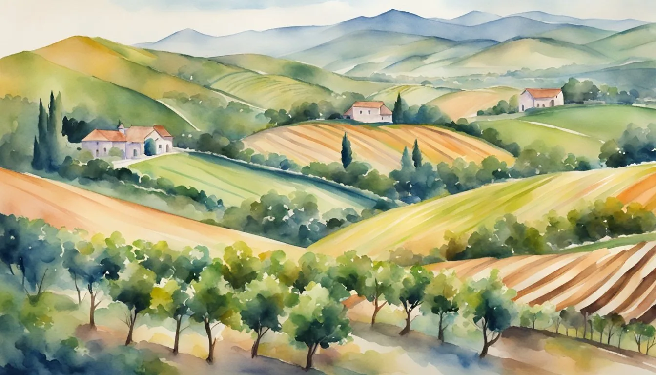 Watercolor painting of a vibrant, rolling countryside landscape.