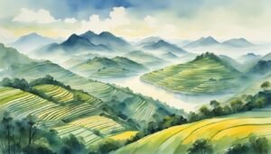 Watercolor landscape of terraced hills and misty mountains.