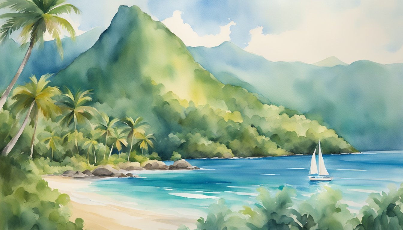 Tropical beach with palm trees and sailing boat.