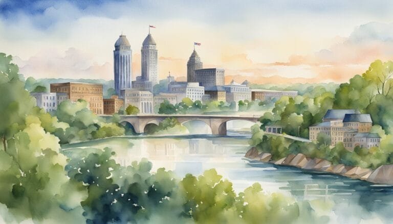 Watercolor painting of a cityscape with river and bridge.